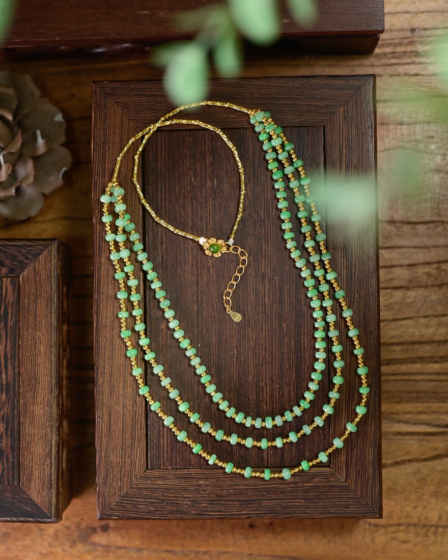 Silver & Green Jadeite Three layers Necklace with Certificate - 5