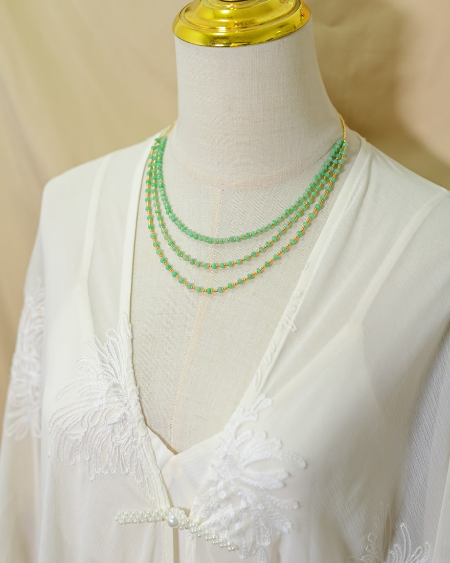 Silver & Green Jadeite Three layers Necklace with Certificate - 6