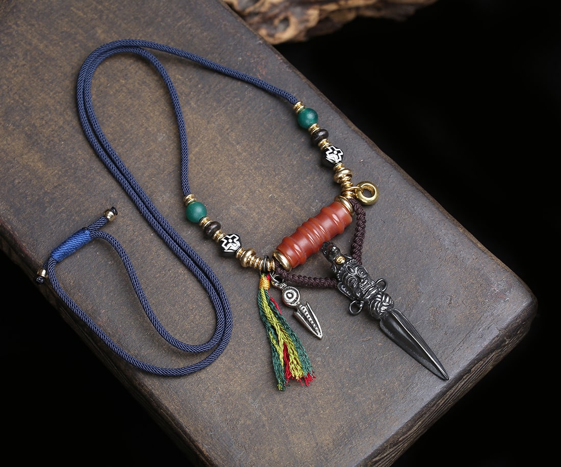 Old Iron Pestle Xiangmo & Red Agate & Green Agate Necklace - 2