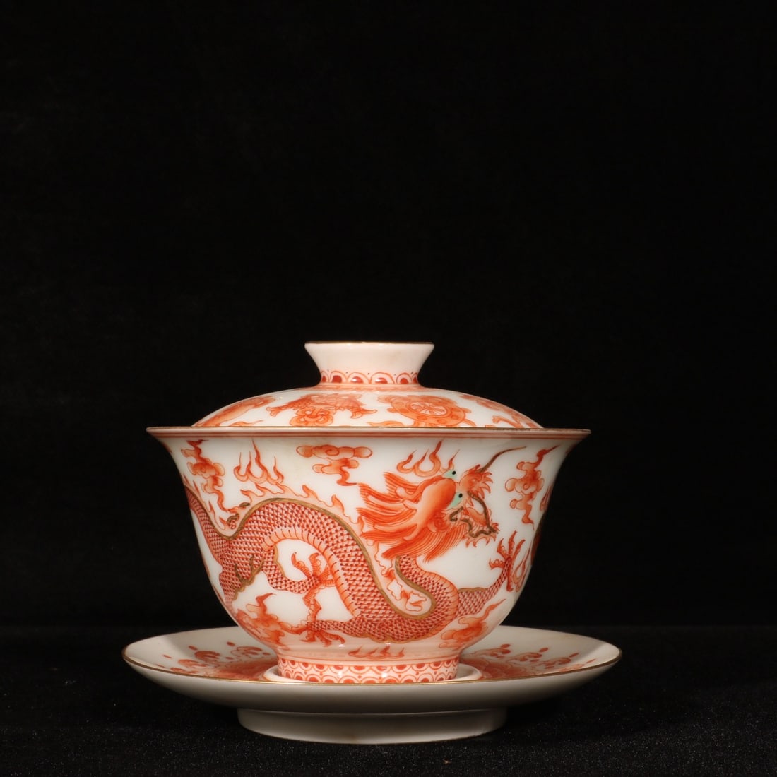 A Pair Iron Red Glaze Dragon Phoenix Design Porcelain Teabowl - 2