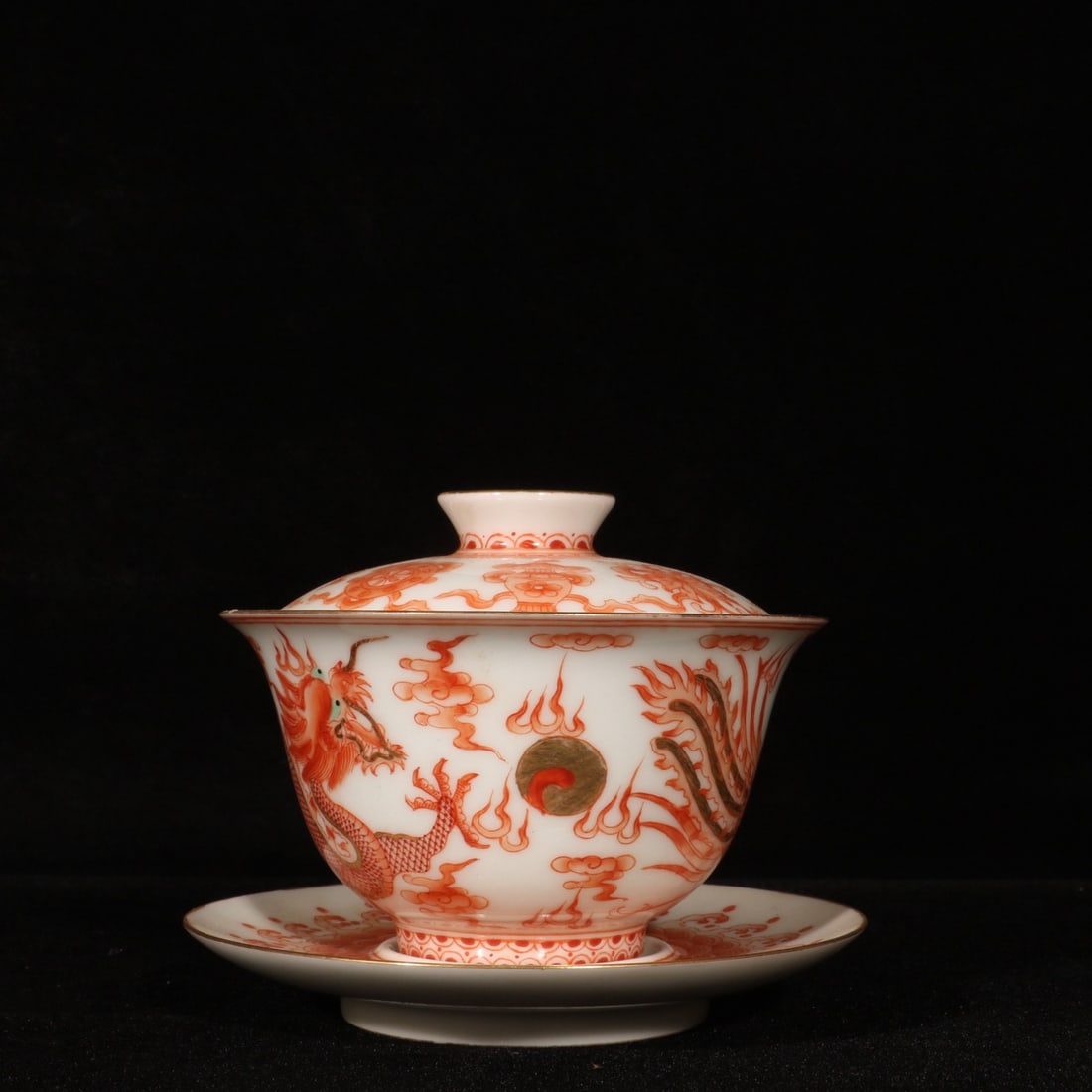 A Pair Iron Red Glaze Dragon Phoenix Design Porcelain Teabowl - 3