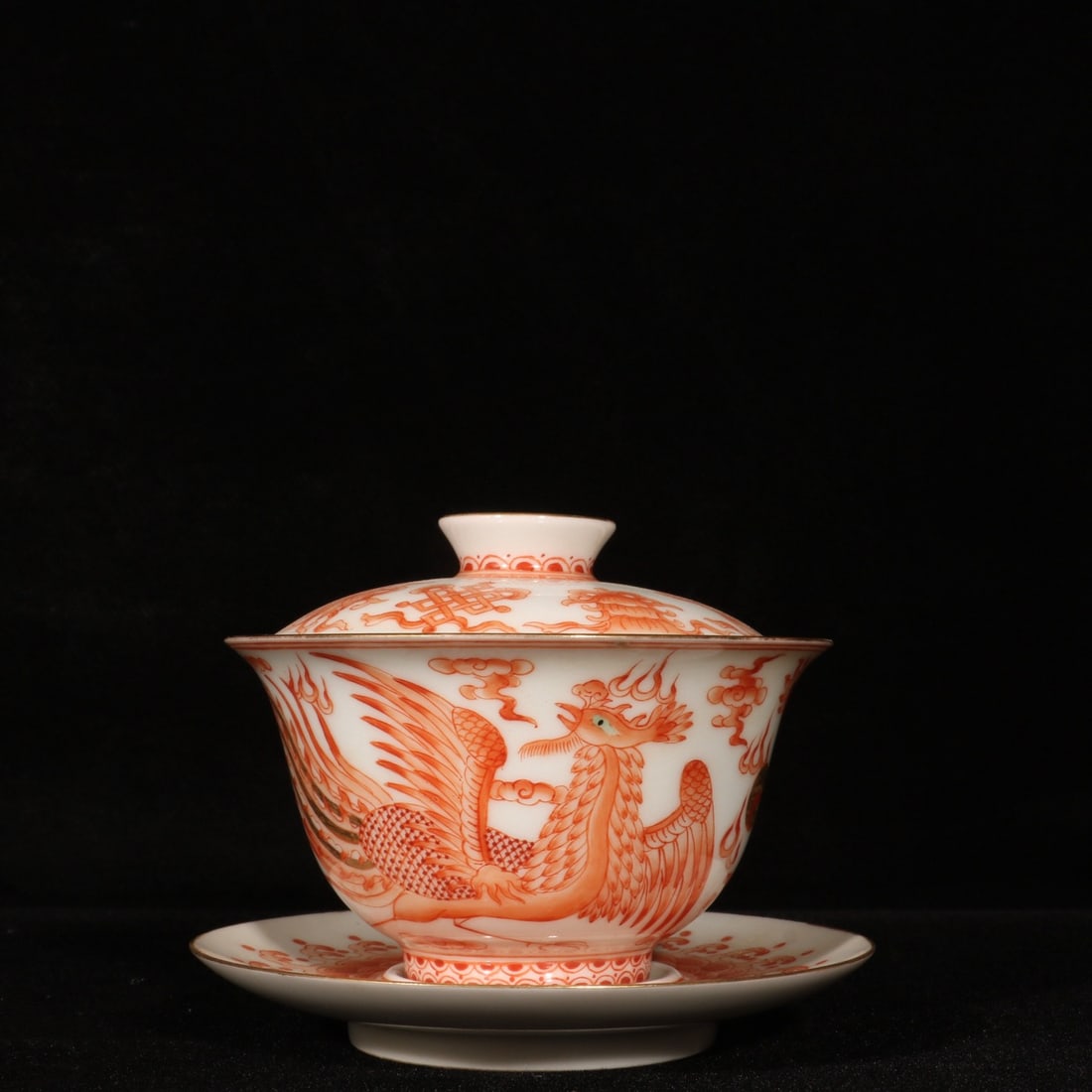 A Pair Iron Red Glaze Dragon Phoenix Design Porcelain Teabowl - 4