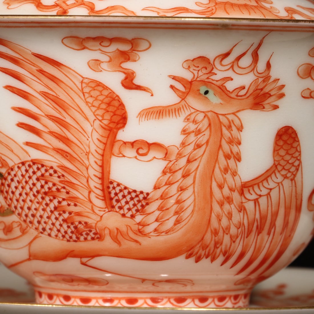A Pair Iron Red Glaze Dragon Phoenix Design Porcelain Teabowl - 5