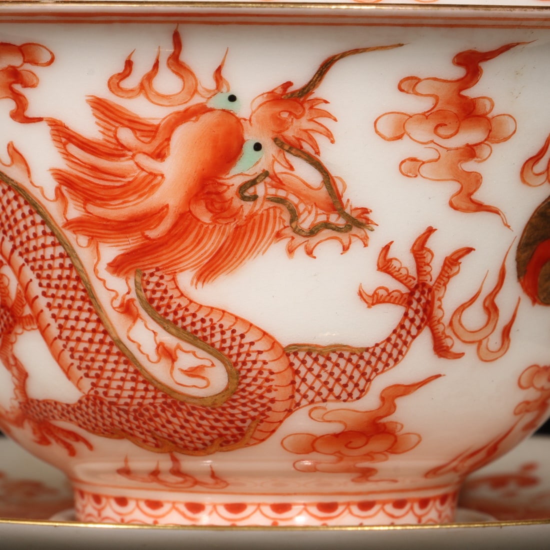 A Pair Iron Red Glaze Dragon Phoenix Design Porcelain Teabowl - 6