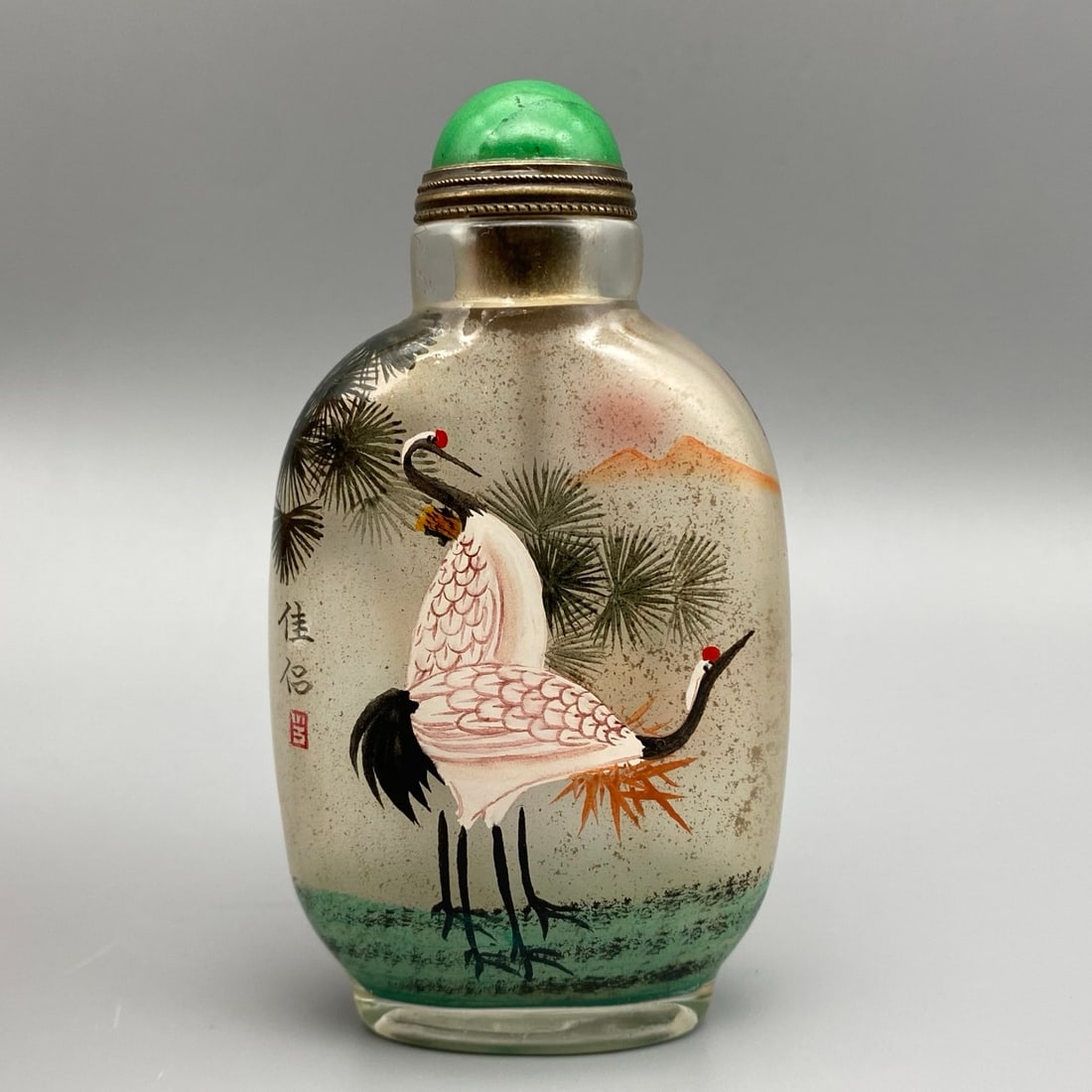 Old Peking Glass Inside Painting Crane Snuff Bottle - 5