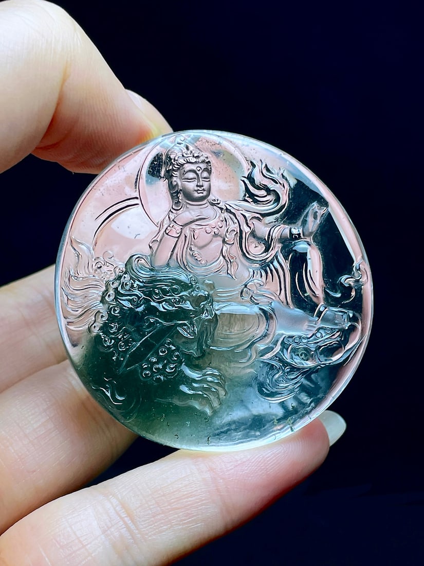 Green Crystal Hand Carved Manjusri & Lion Pendant with Certificate - 3