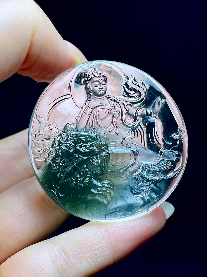 Green Crystal Hand Carved Manjusri & Lion Pendant with Certificate - 5