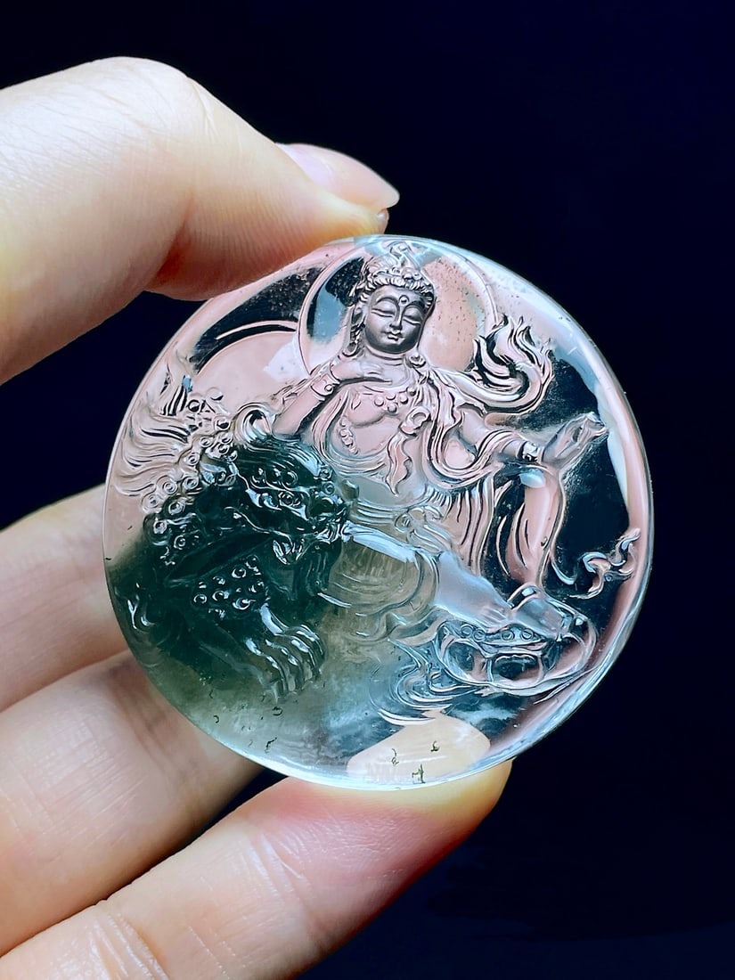 Green Crystal Hand Carved Manjusri & Lion Pendant with Certificate - 7