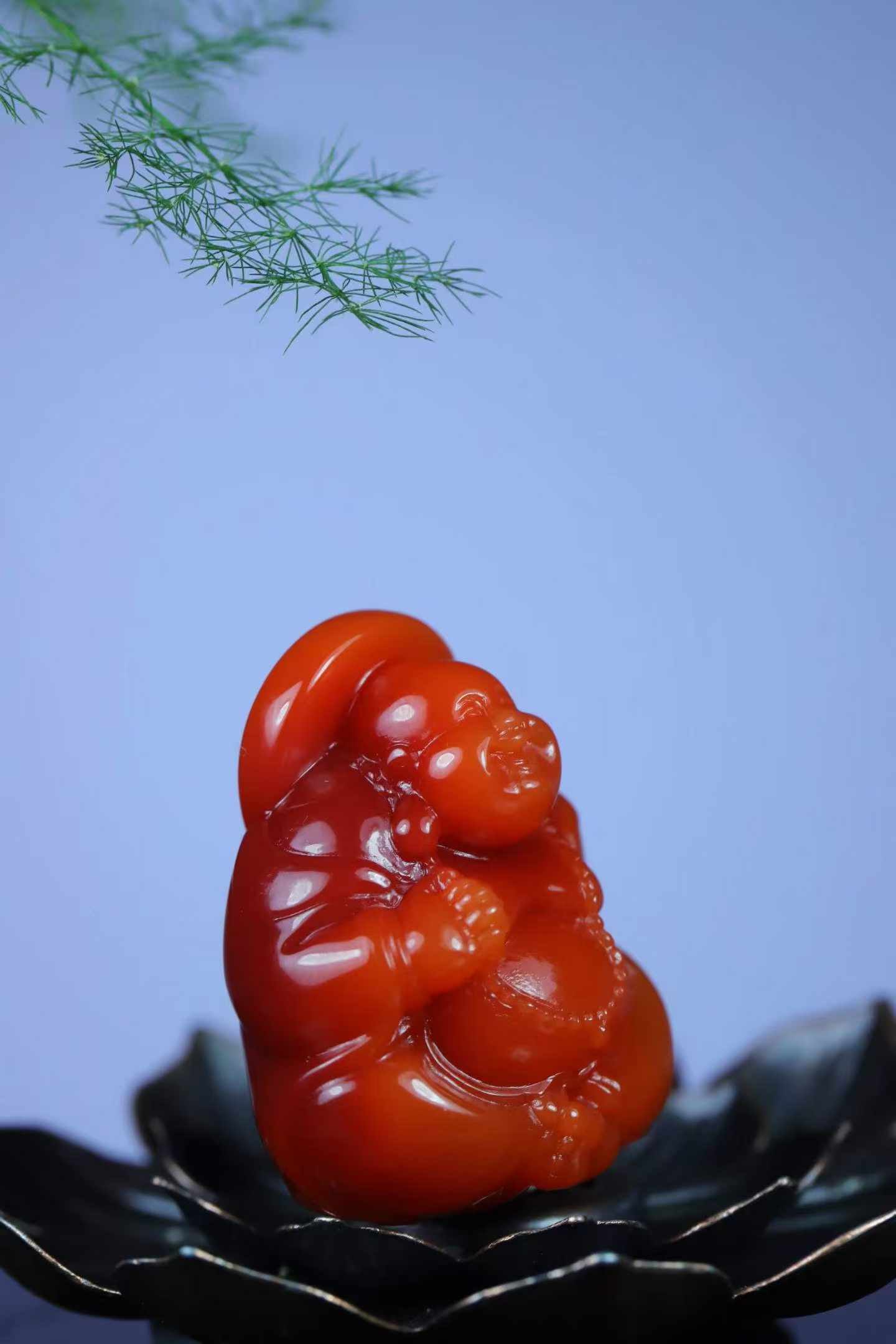 Nanhong Agate Hand Carved Laughing Buddha Pendant with Certificate - 4