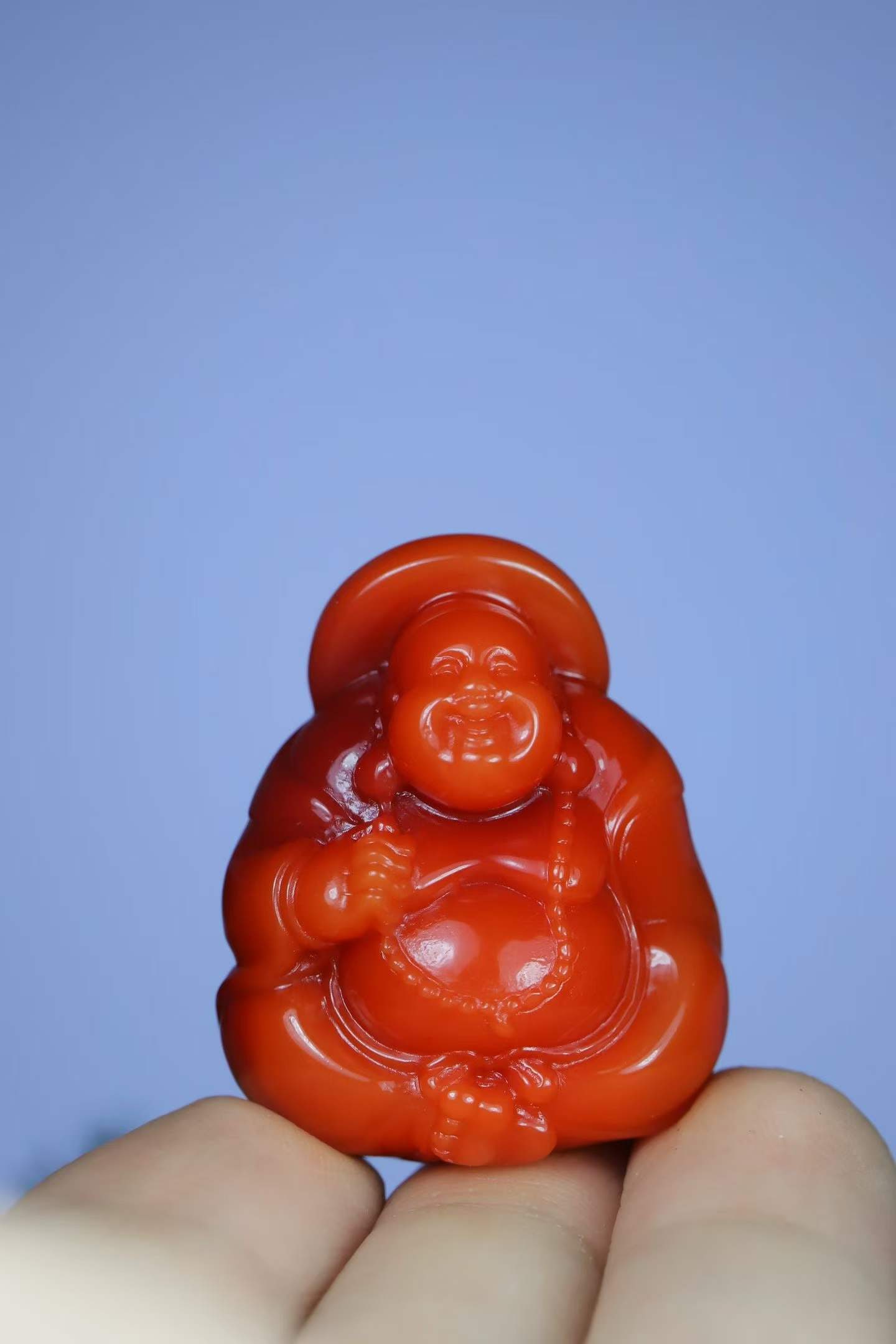 Nanhong Agate Hand Carved Laughing Buddha Pendant with Certificate - 6