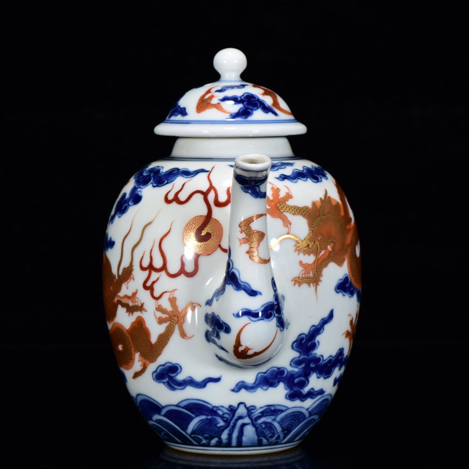Iron Red Glaze+Blue and White Porcelain Dragon Teapot - 2