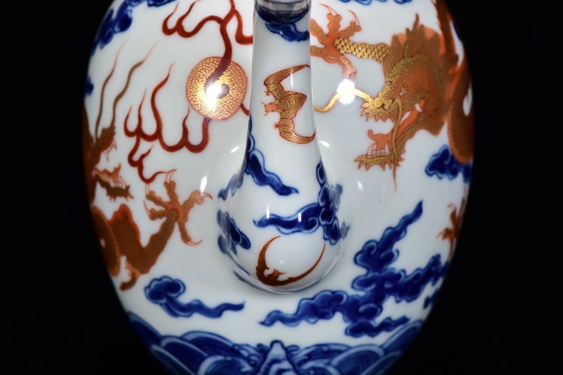 Iron Red Glaze+Blue and White Porcelain Dragon Teapot - 5