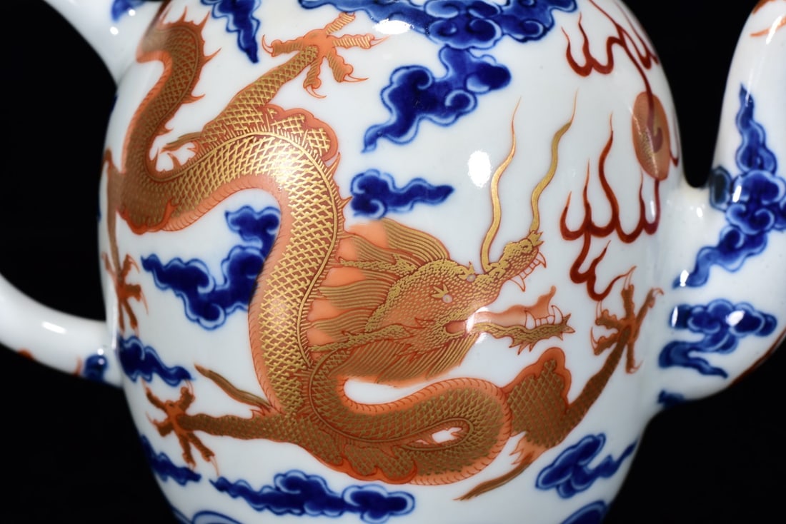 Iron Red Glaze+Blue and White Porcelain Dragon Teapot - 6