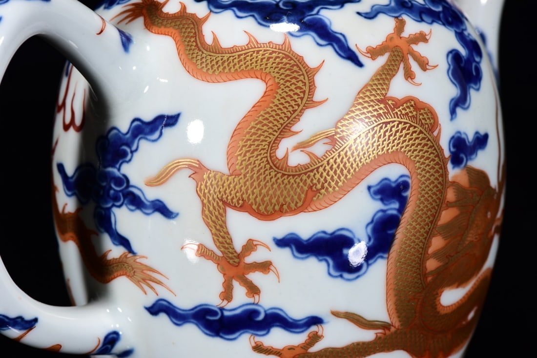 Iron Red Glaze+Blue and White Porcelain Dragon Teapot - 7