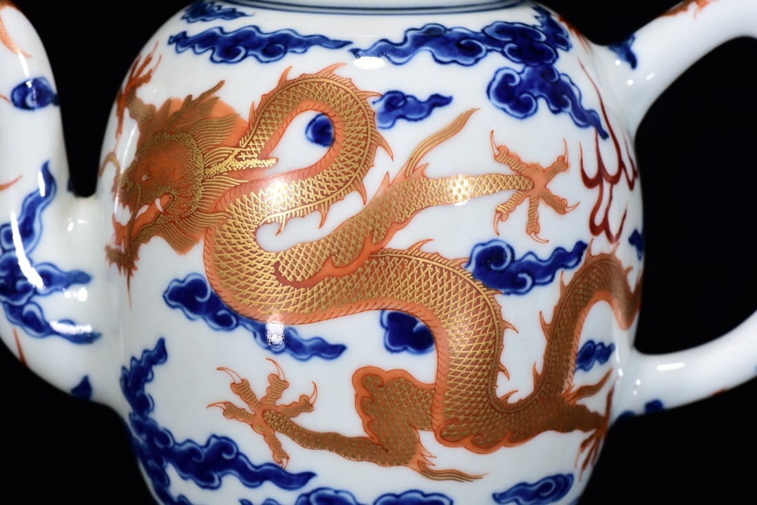 Iron Red Glaze+Blue and White Porcelain Dragon Teapot - 8