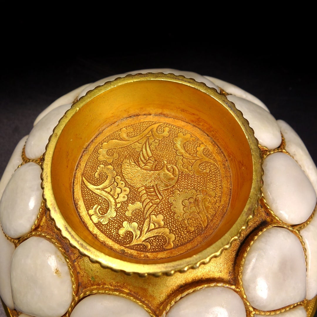 Gilt Gold Bronze Inlay White Jade Bowl - 7