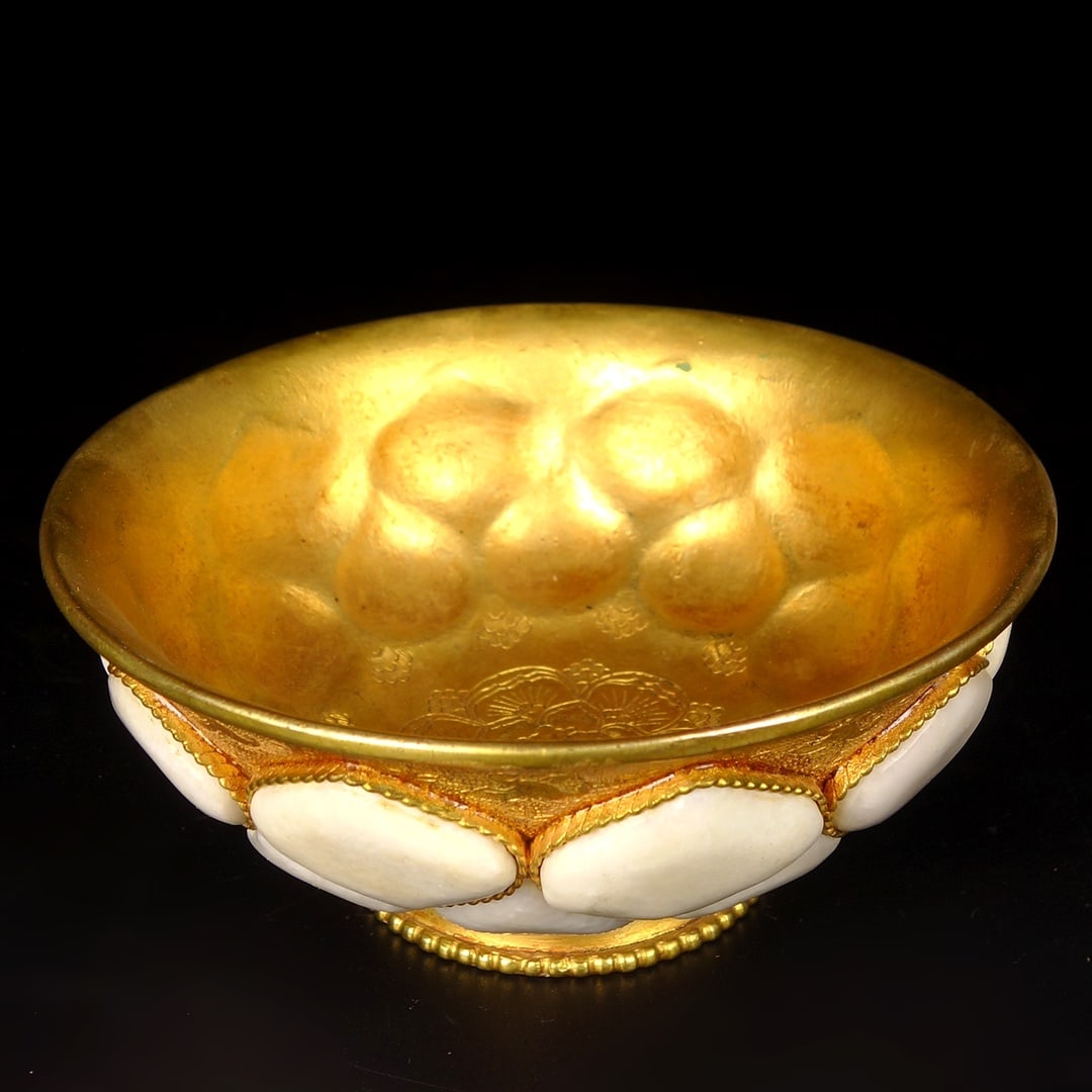 Gilt Gold Bronze Inlay White Jade Bowl - 8