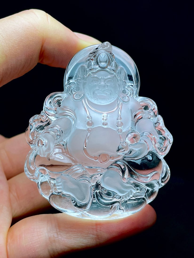 White Crystal Hand Carved Yellow Jambhala Pendant with Certificate - 6