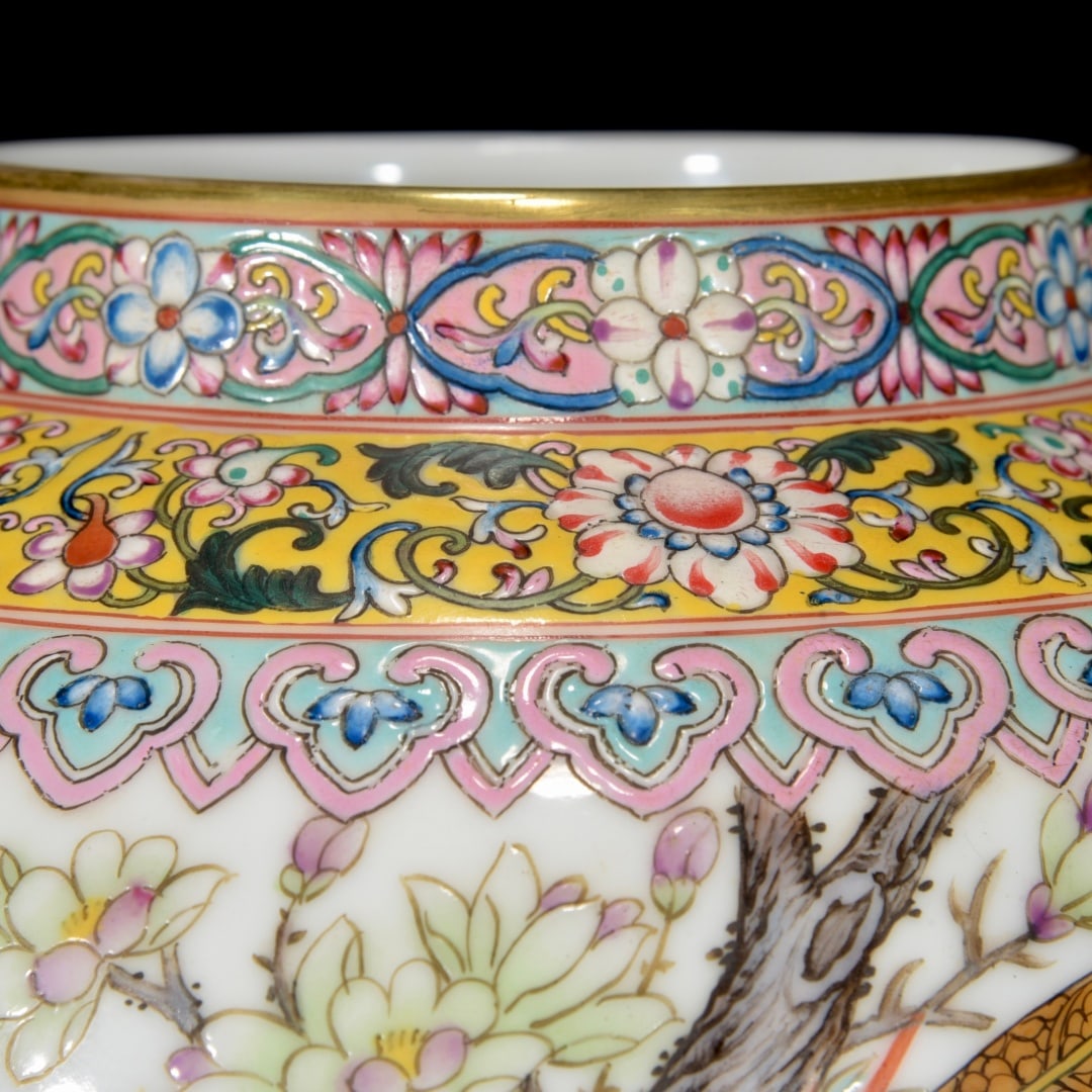 Famille Rose Porcelain Pot Flower Bird Design Yongzheng Mark - 4