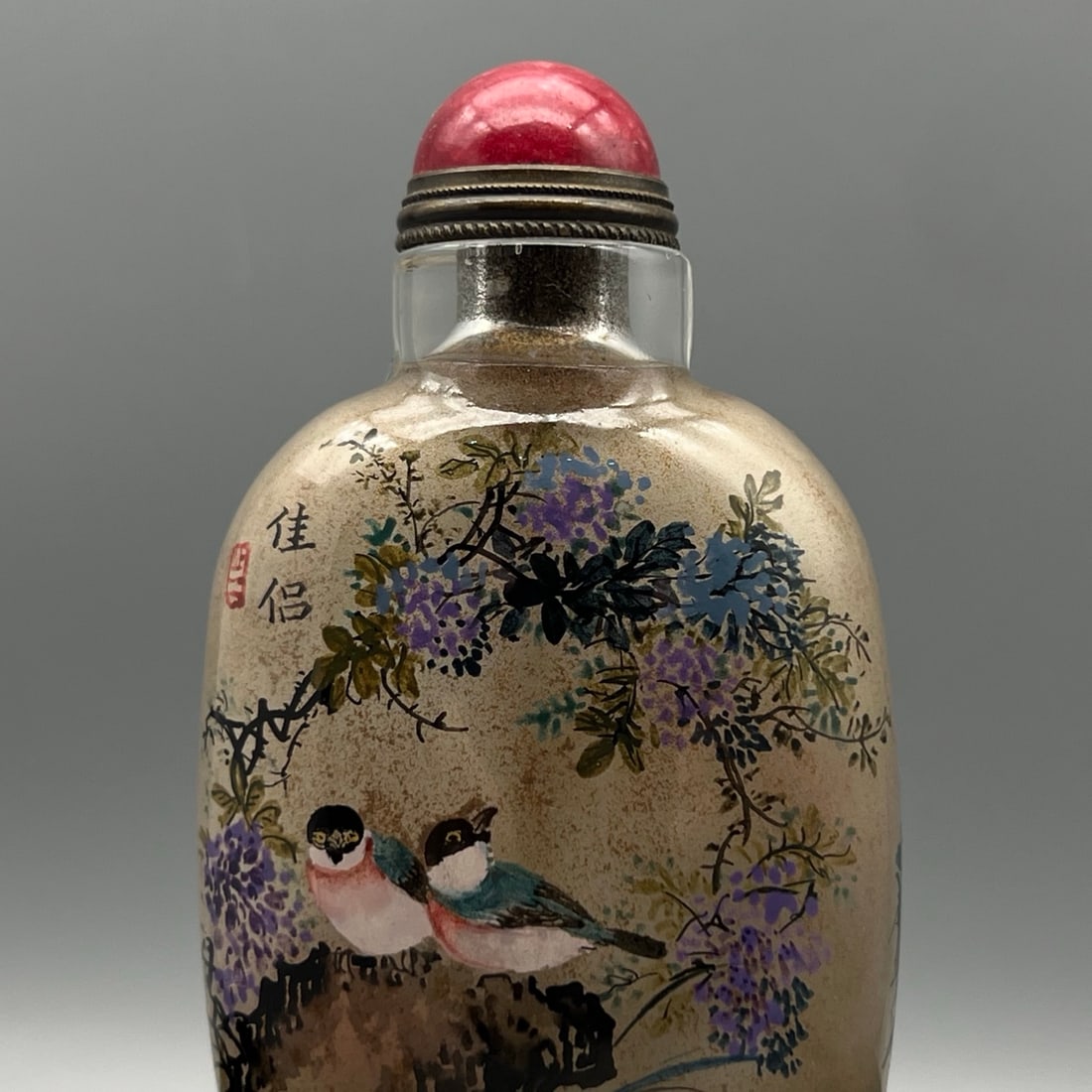 Old Peking Glass Inside Painting Flower Bird Design Snuff Bottle w Stopper - 2