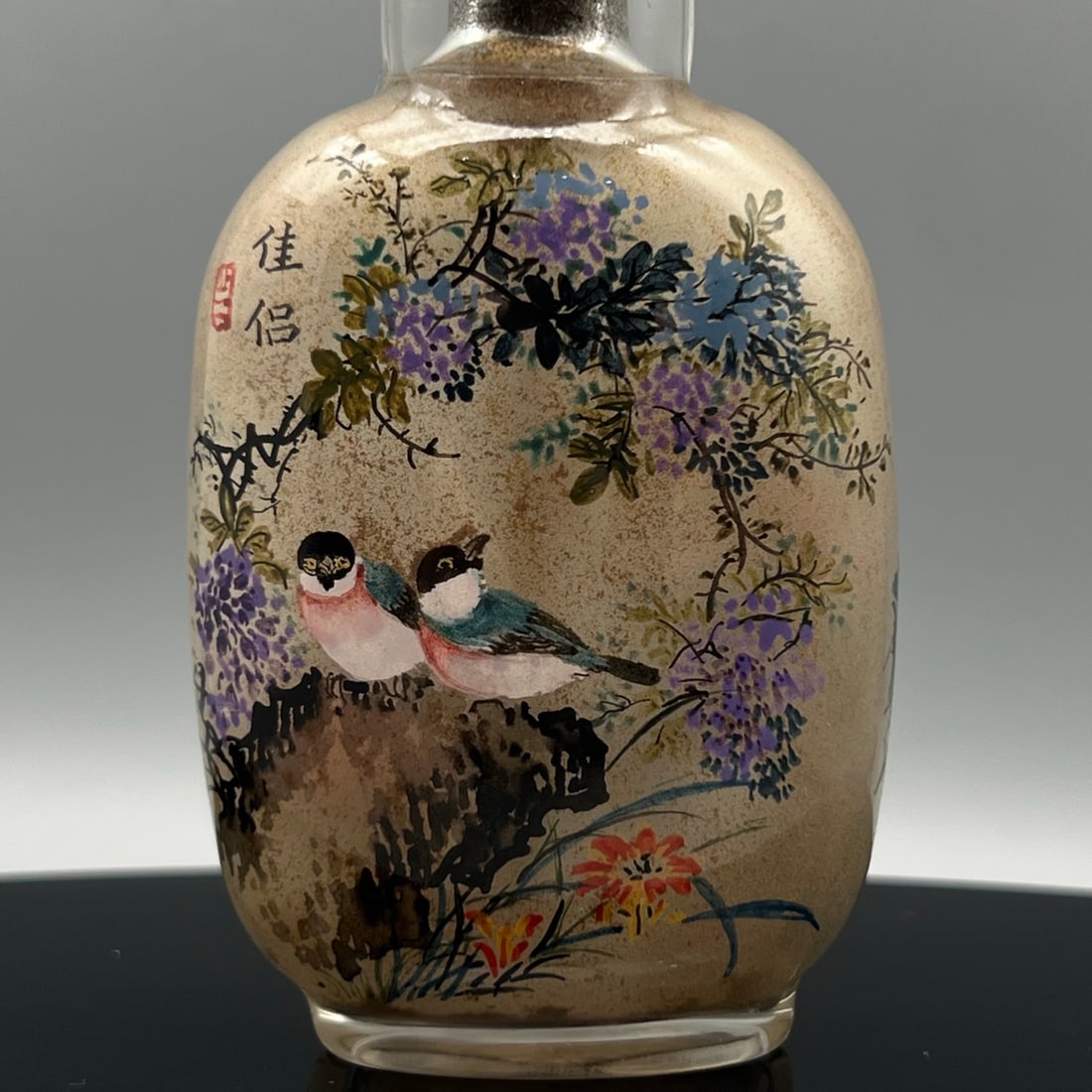Old Peking Glass Inside Painting Flower Bird Design Snuff Bottle w Stopper - 3