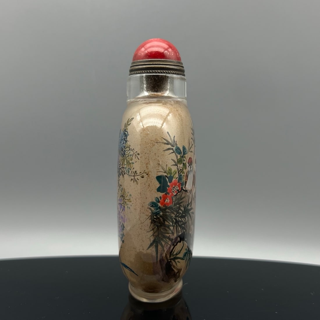 Old Peking Glass Inside Painting Flower Bird Design Snuff Bottle w Stopper - 4