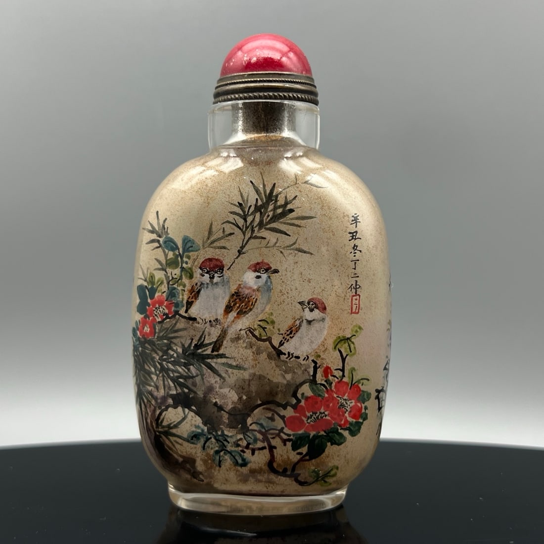 Old Peking Glass Inside Painting Flower Bird Design Snuff Bottle w Stopper - 5