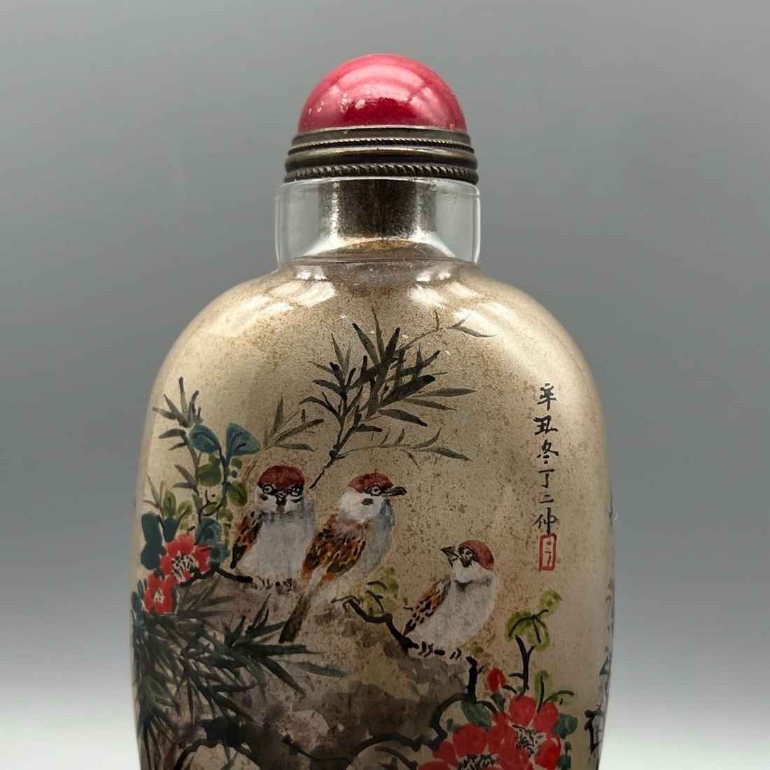 Old Peking Glass Inside Painting Flower Bird Design Snuff Bottle w Stopper - 6