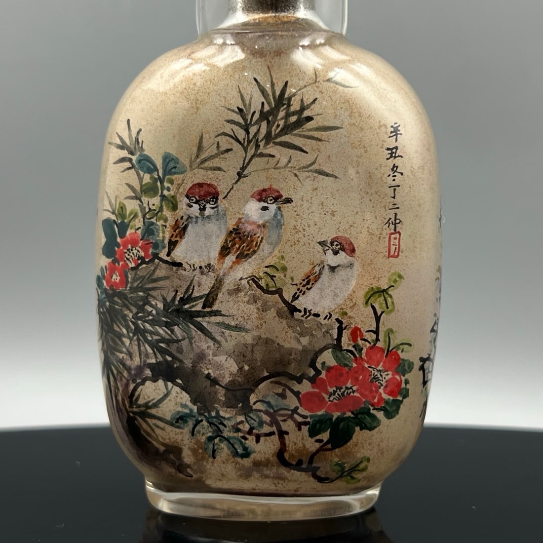 Old Peking Glass Inside Painting Flower Bird Design Snuff Bottle w Stopper - 7