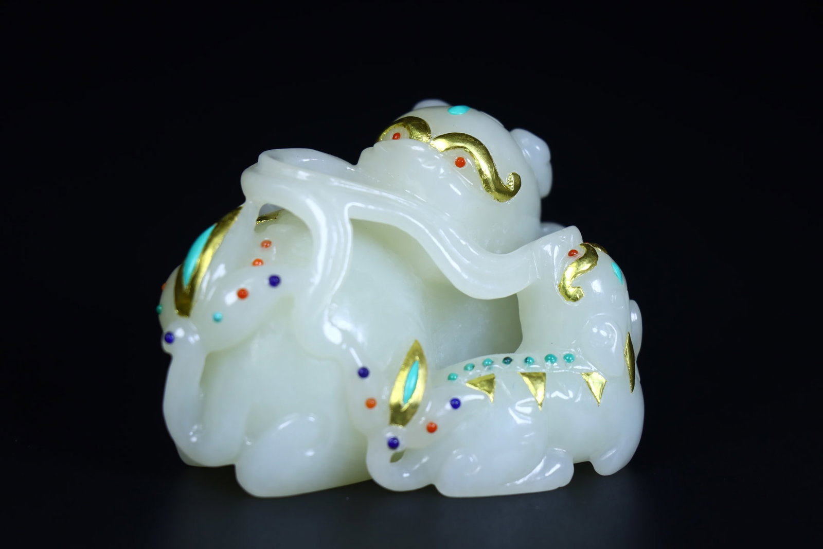 Inlay Gold,Gem Hetian Jade Beast Statue - 2