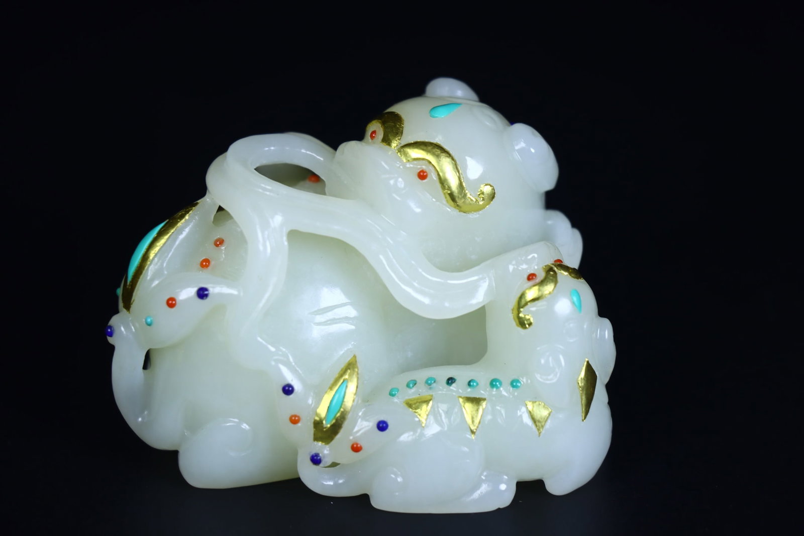 Inlay Gold,Gem Hetian Jade Beast Statue - 3