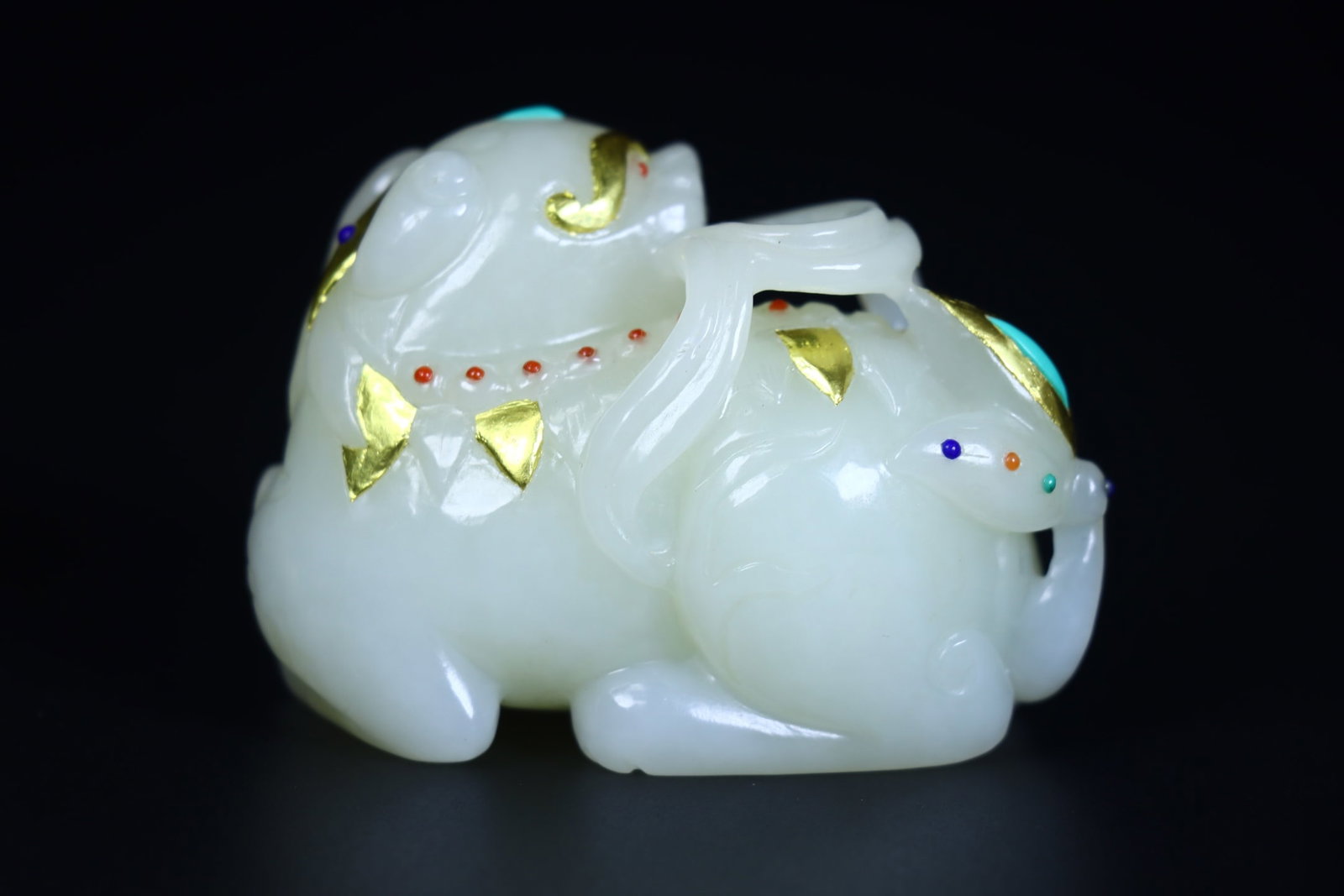 Inlay Gold,Gem Hetian Jade Beast Statue - 6