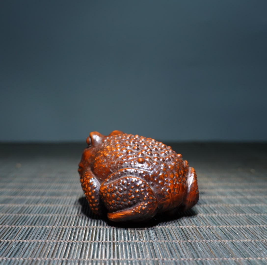 Vintage Boxwood Wood Carved Fortune Toad Statue - 6