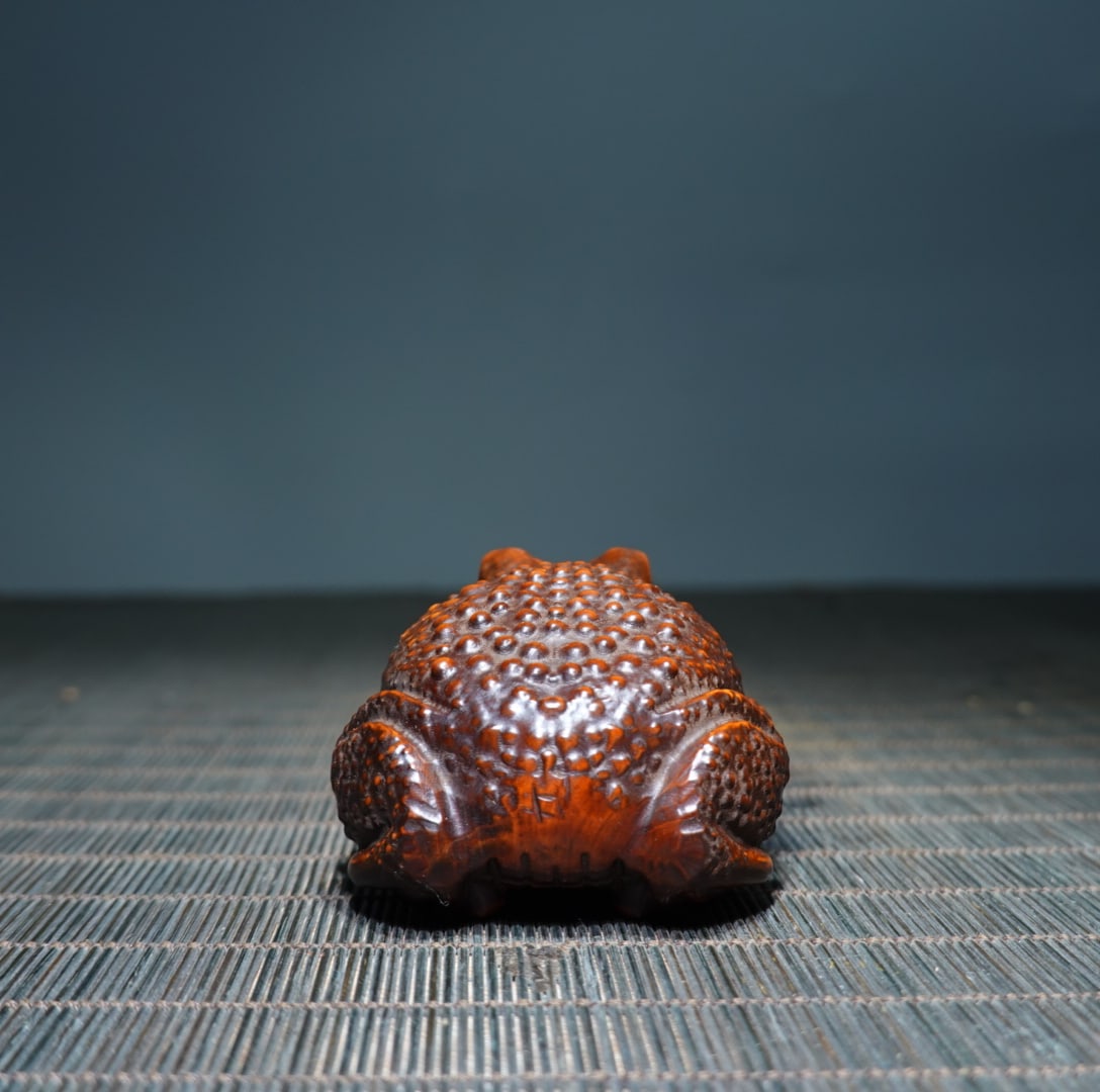 Vintage Boxwood Wood Carved Fortune Toad Statue - 7