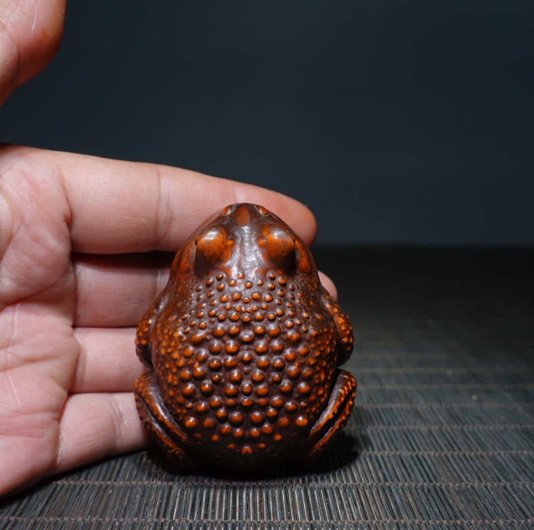 Vintage Boxwood Wood Carved Fortune Toad Statue - 8