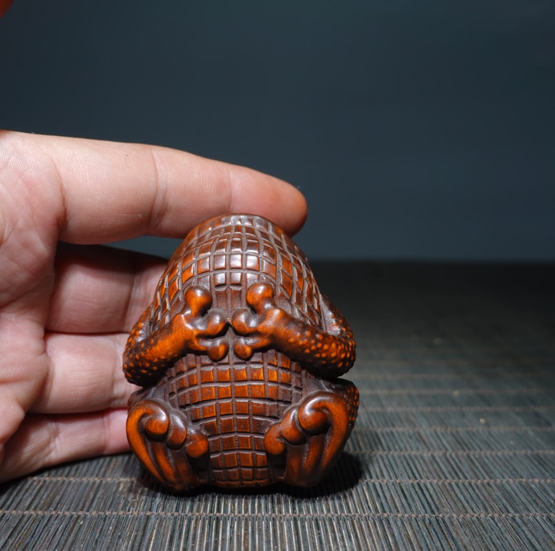Vintage Boxwood Wood Carved Fortune Toad Statue - 9