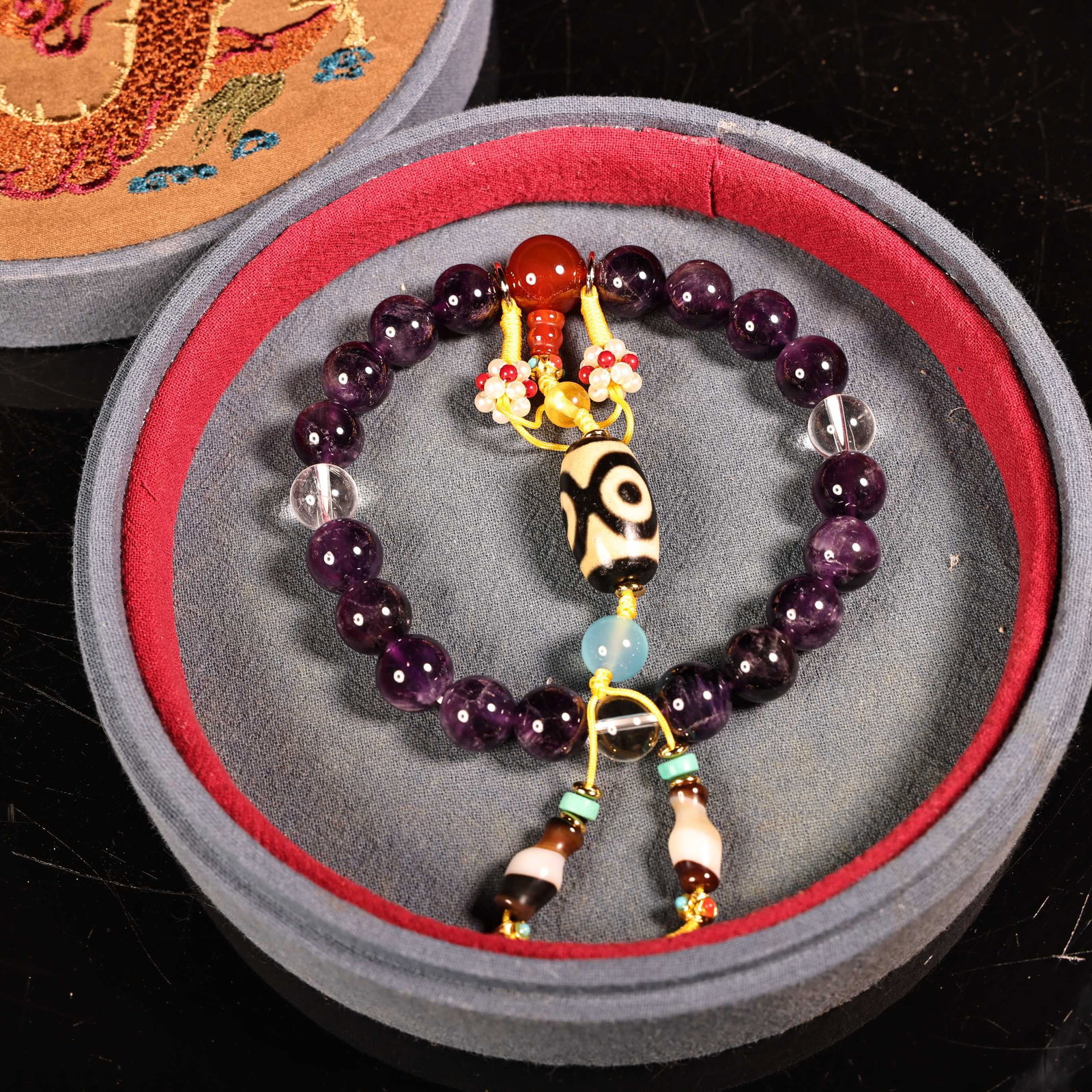 Old Amethyst DZI Agate Hand Chain w Box - 2