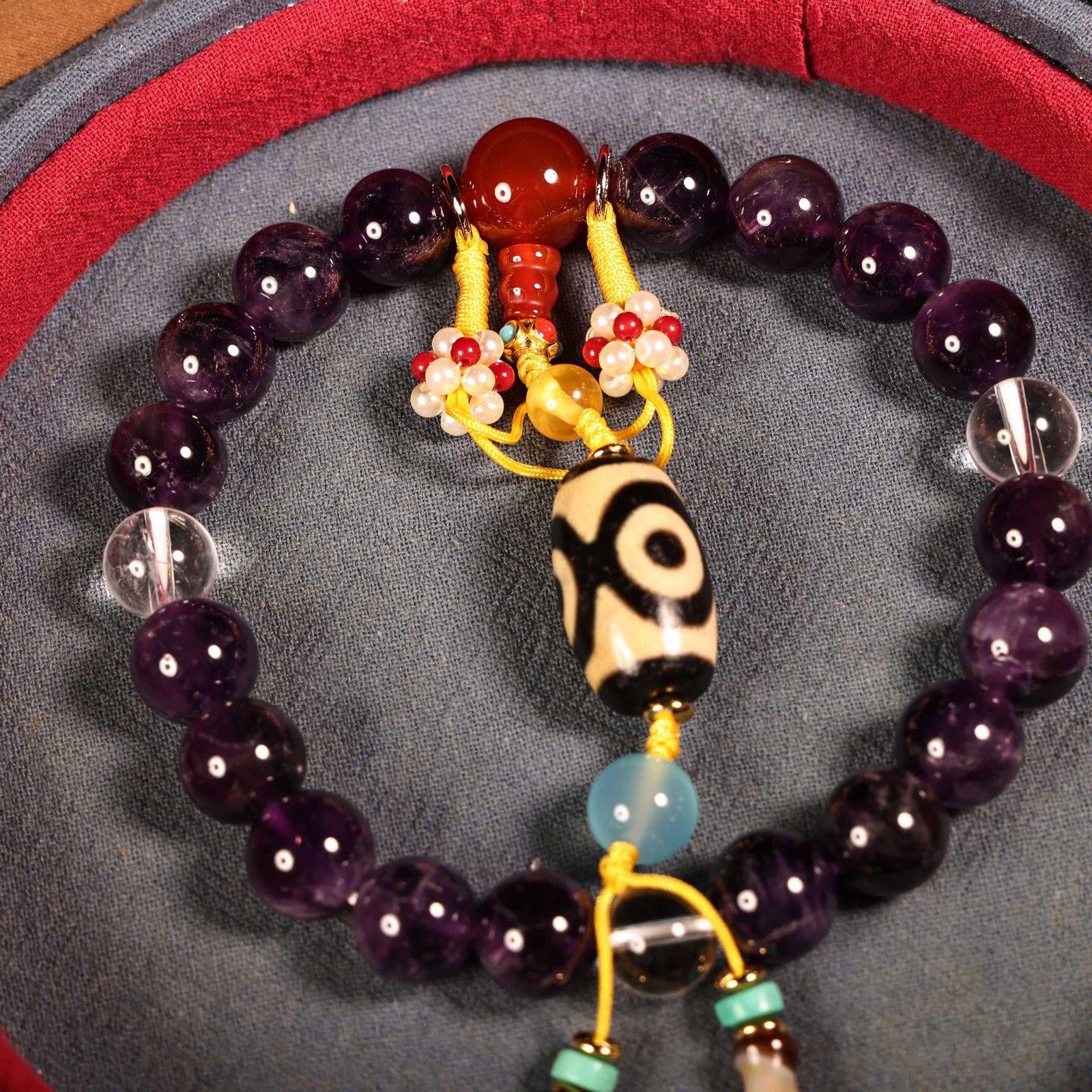 Old Amethyst DZI Agate Hand Chain w Box - 3