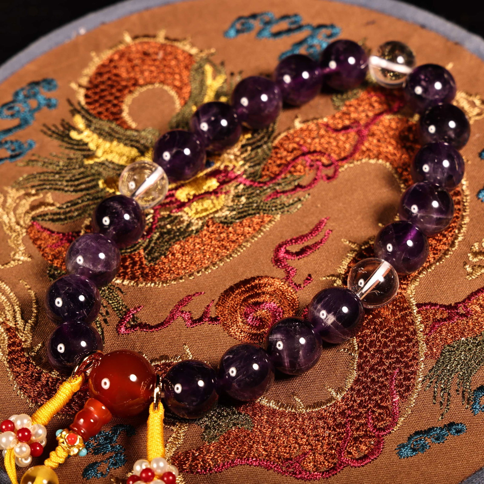 Old Amethyst DZI Agate Hand Chain w Box - 5