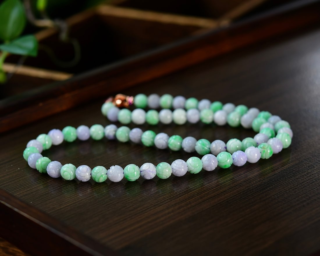 Purple Green Jadeite Beads Necklace with Certificate - 2
