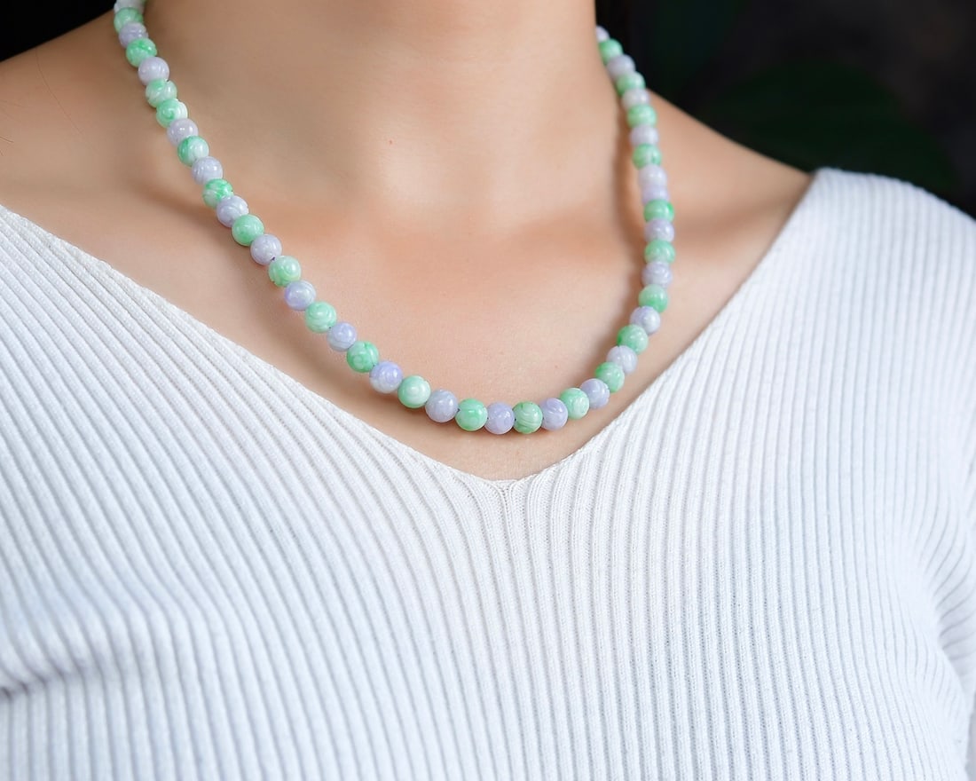 Purple Green Jadeite Beads Necklace with Certificate - 3