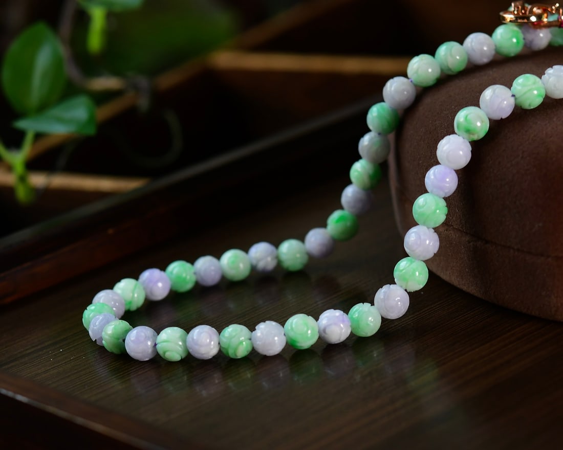 Purple Green Jadeite Beads Necklace with Certificate - 4
