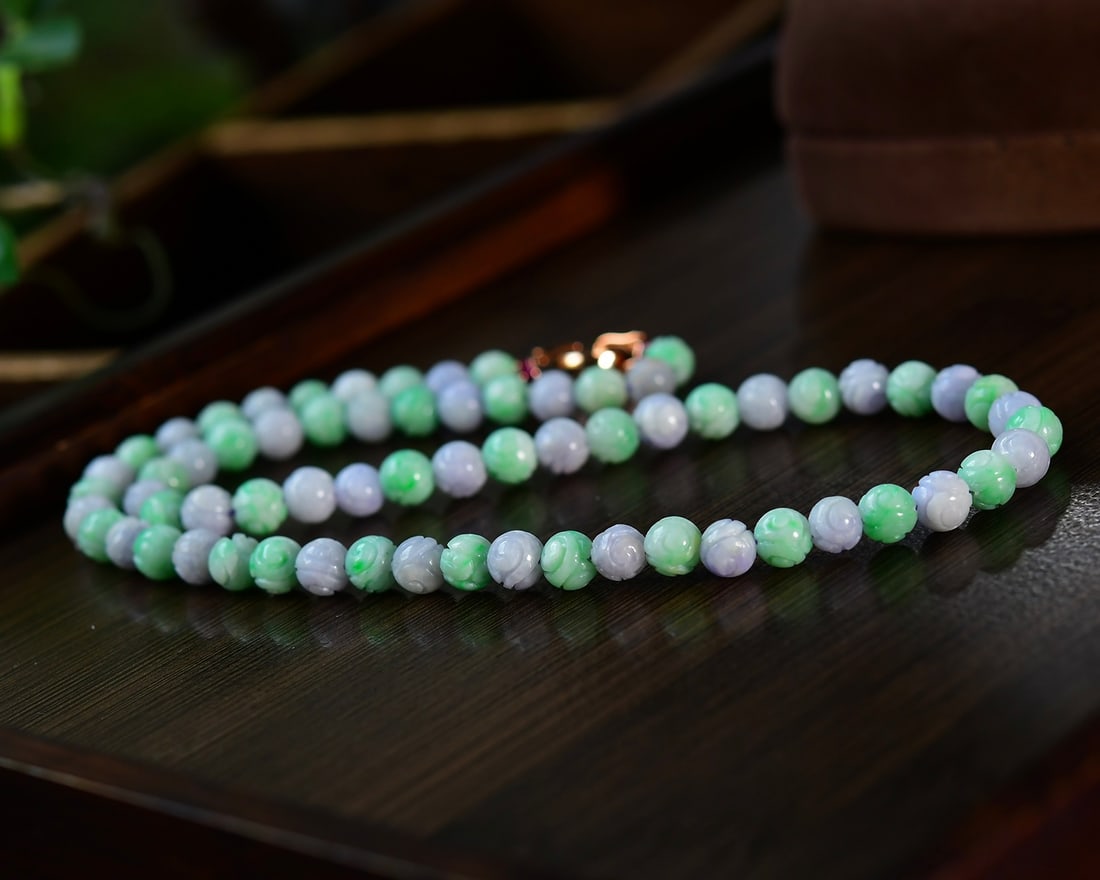 Purple Green Jadeite Beads Necklace with Certificate - 5