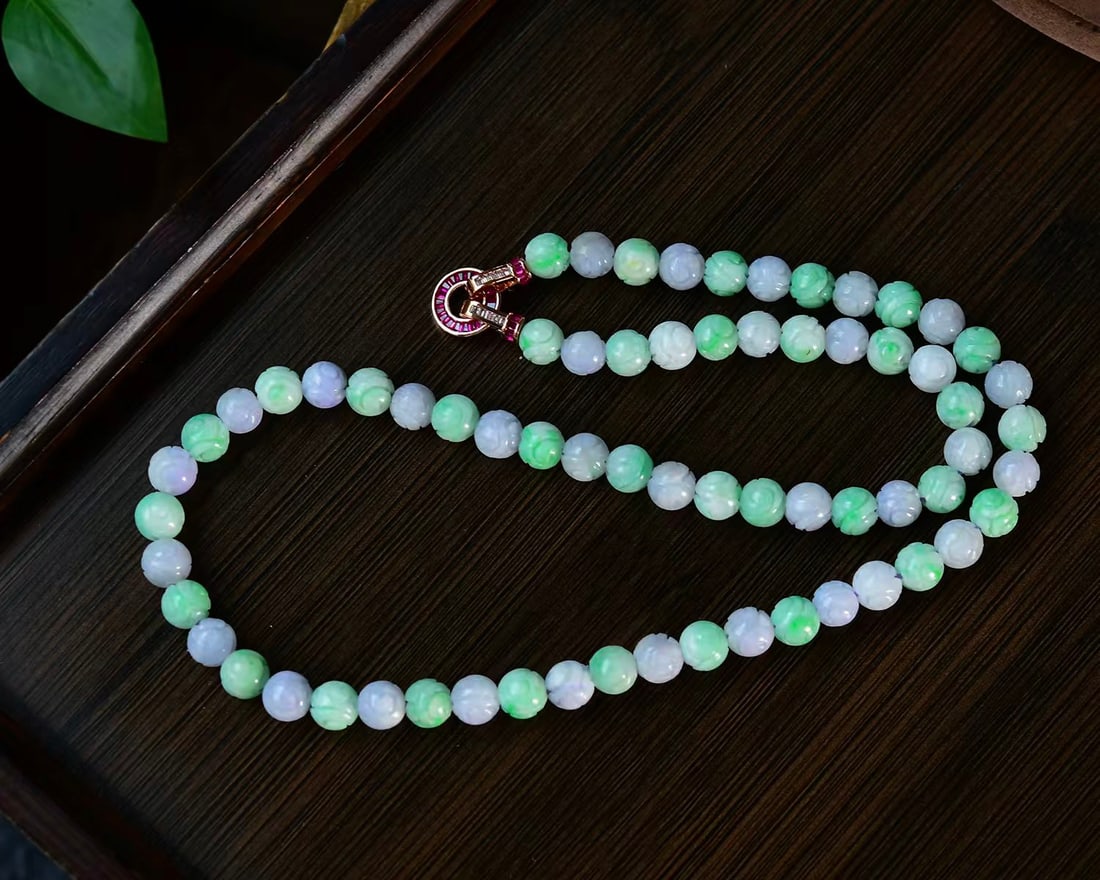 Purple Green Jadeite Beads Necklace with Certificate - 6