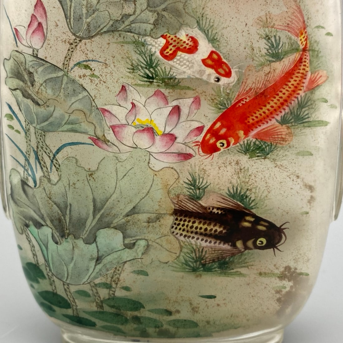 Old Peking Glass Inside Painting Fish Lotus Snuff Bottle - 3