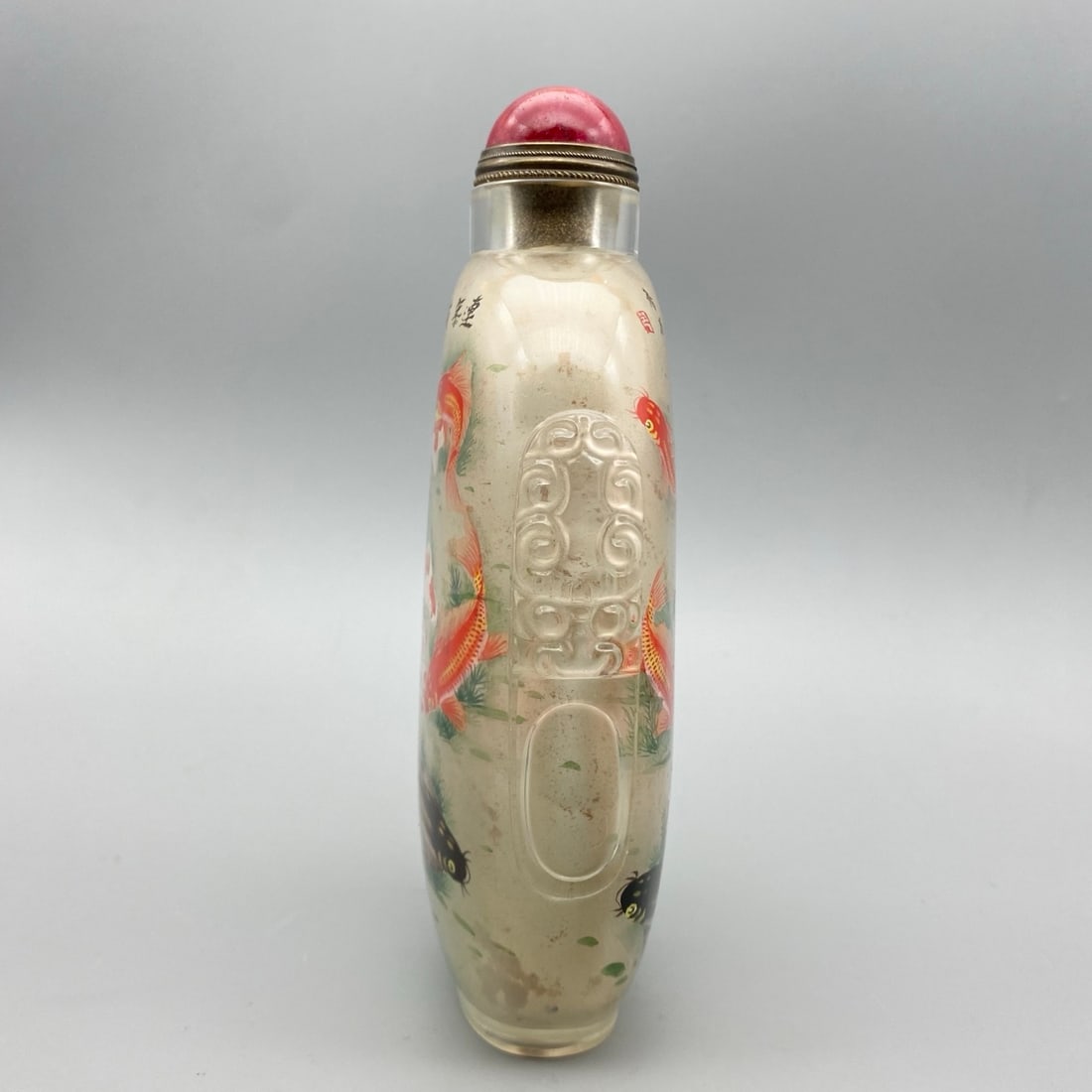 Old Peking Glass Inside Painting Fish Lotus Snuff Bottle - 4