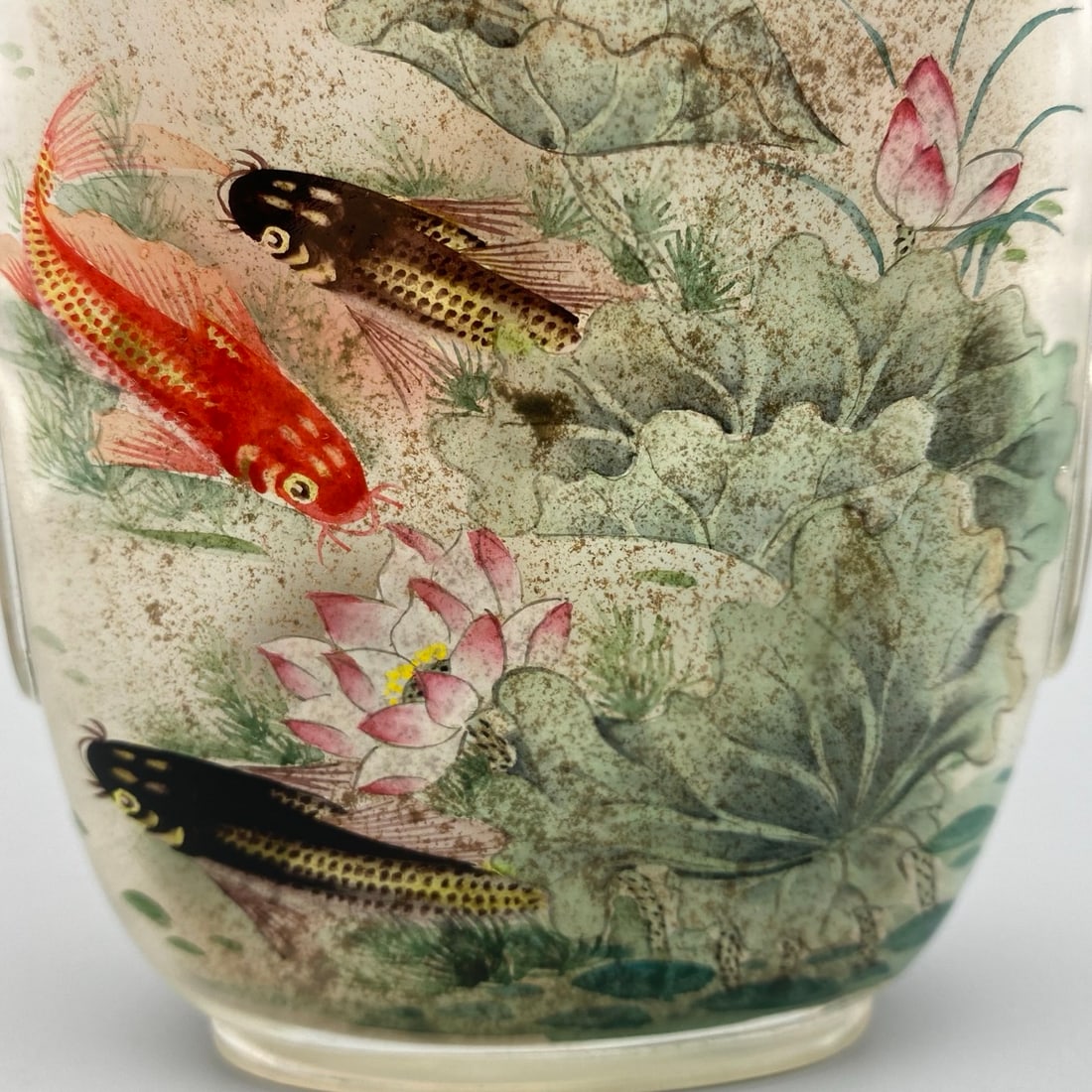 Old Peking Glass Inside Painting Fish Lotus Snuff Bottle - 6