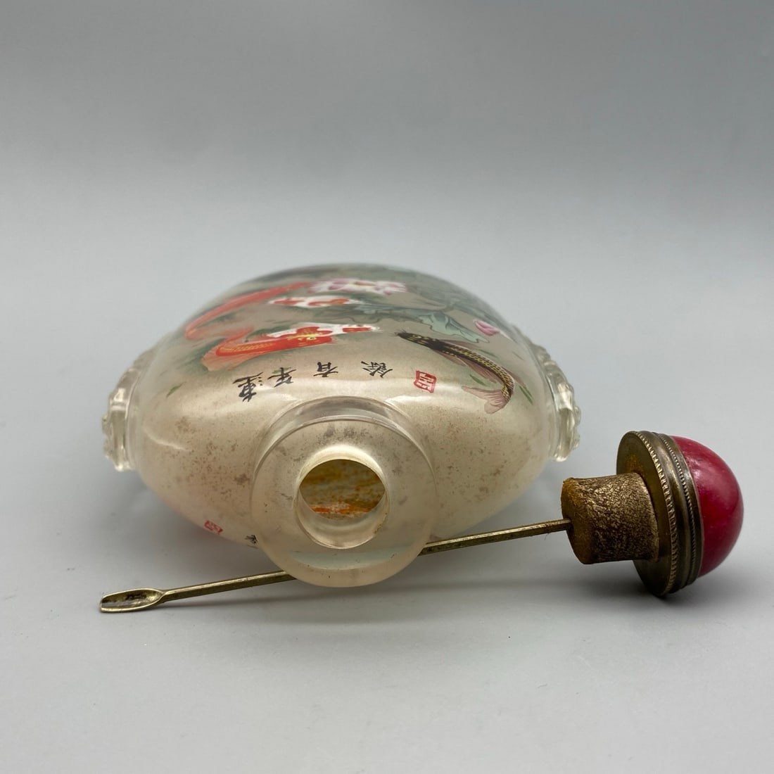 Old Peking Glass Inside Painting Fish Lotus Snuff Bottle - 7