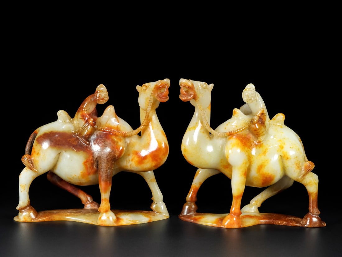 A Pair Hetian Jade Camel & Figure Statue: Title: A Pair Hetian Jade Camel & Figure Statue Origin: Chinese Date/Period: After1850 Materials: Hetian Jade Dimensions: 160x158x58(mm) 6.30x6.22x2.28(inches) Weight 4.79 lbs/2173g Reserve: $3,500.00