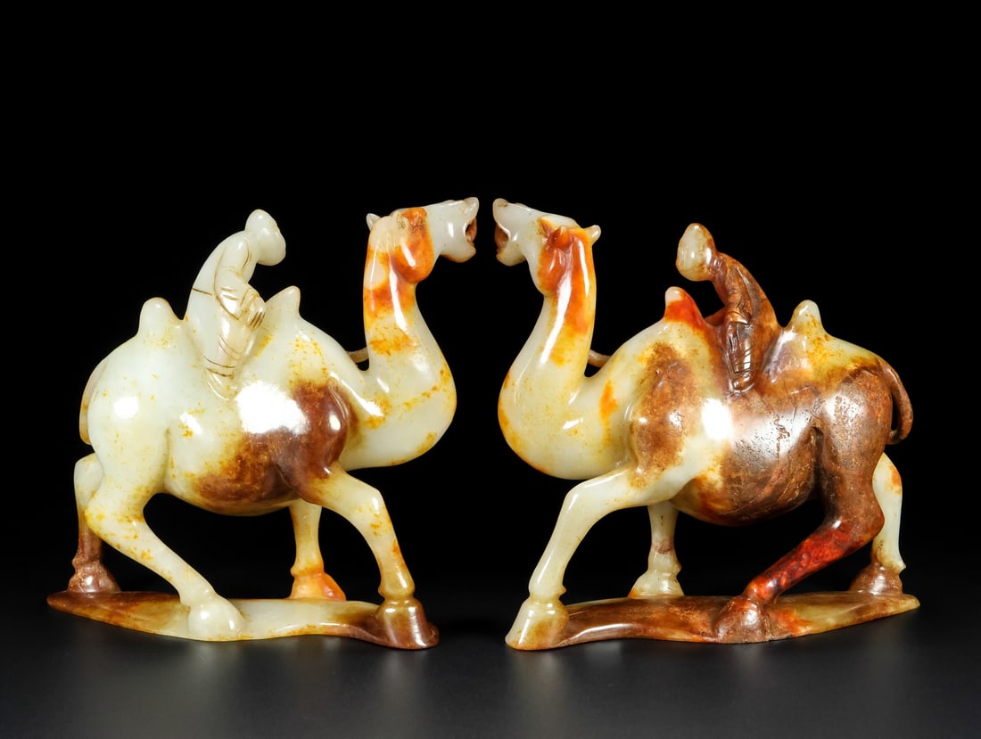 A Pair Hetian Jade Camel & Figure Statue - 4